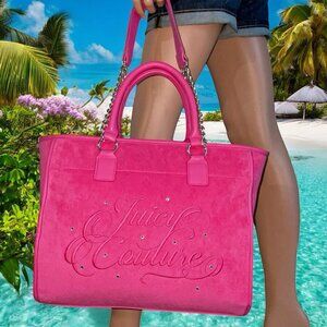 Juicy Couture Flash Pink Beach Logo Rhinestone Design Large Tote Bag NWT